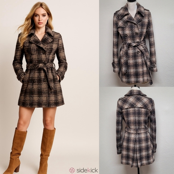 Dkny Jackets & Blazers - DKNY Retro Y2K Brown Plaid Tweed Double Breasted Belted Midi Peacoat Trench Coat